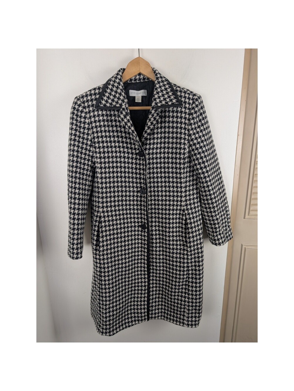 Petite Sophisticate Size 4 Houndstooth Wool Blend Coat Black White Overcoat 38"